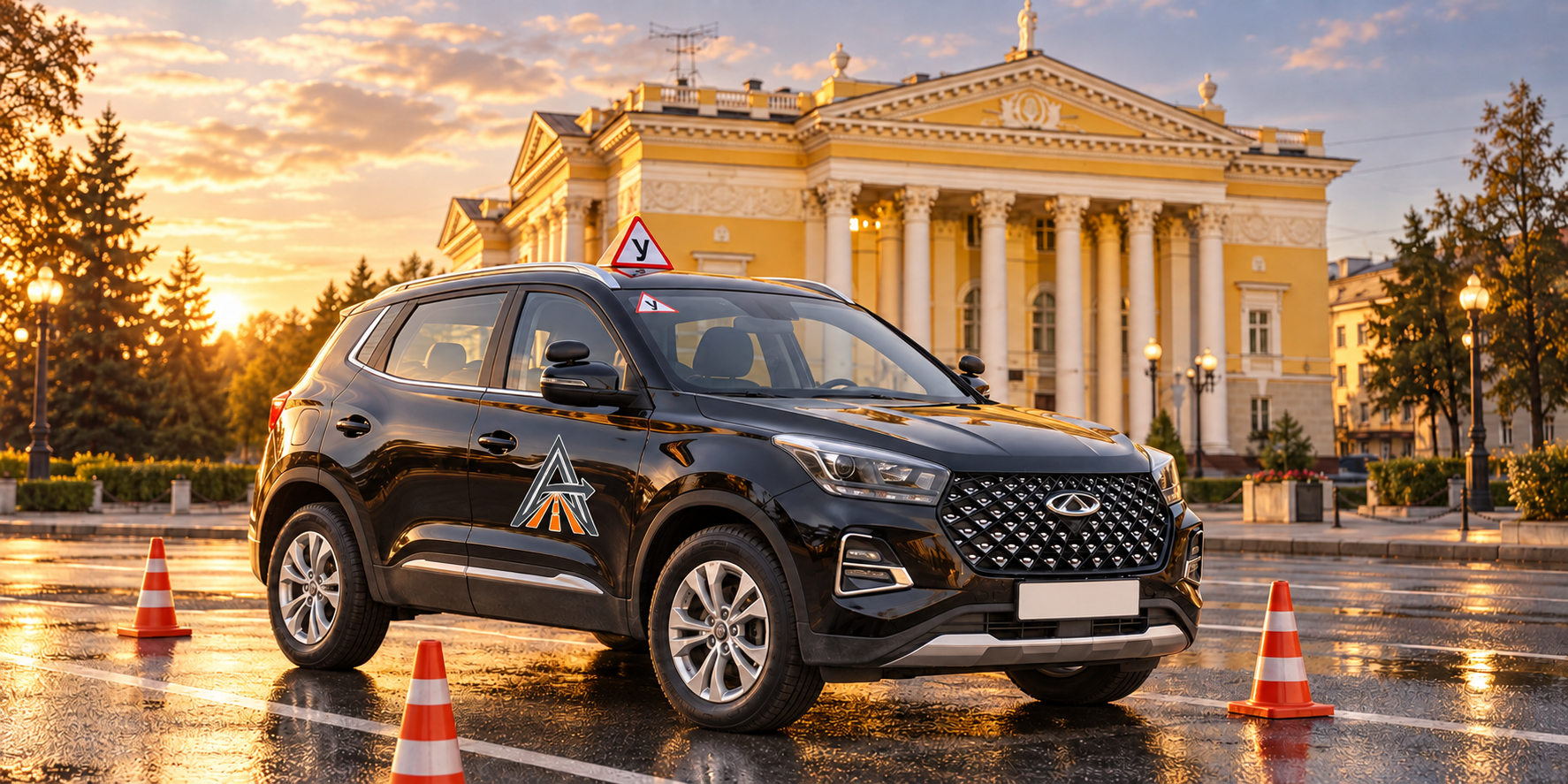 Учебный Chery на городской дороге у Дворца культуры Железногорска — художественная композиция