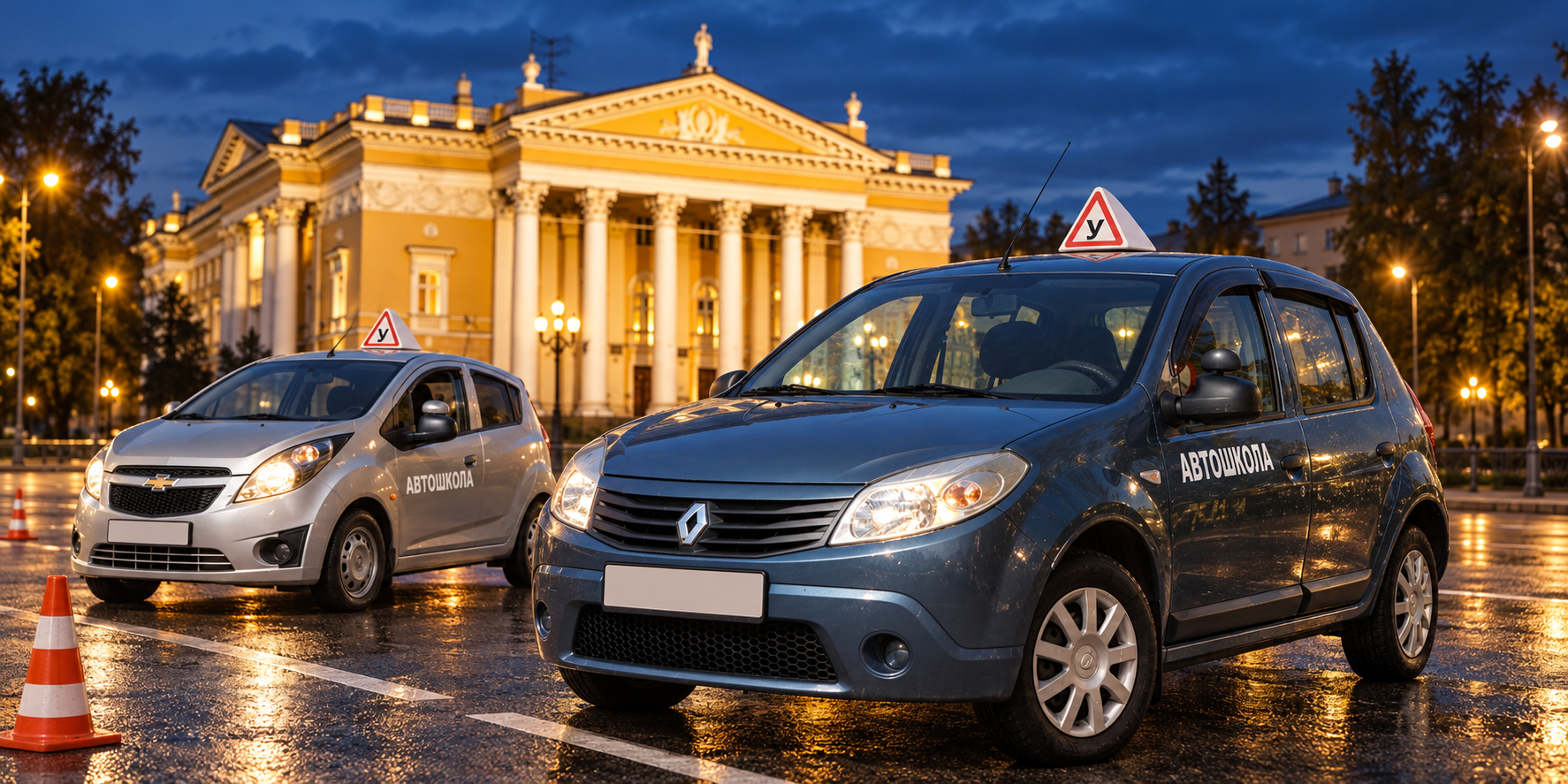 Художественная сцена с учебными автомобилями у Дворца культуры Железногорска